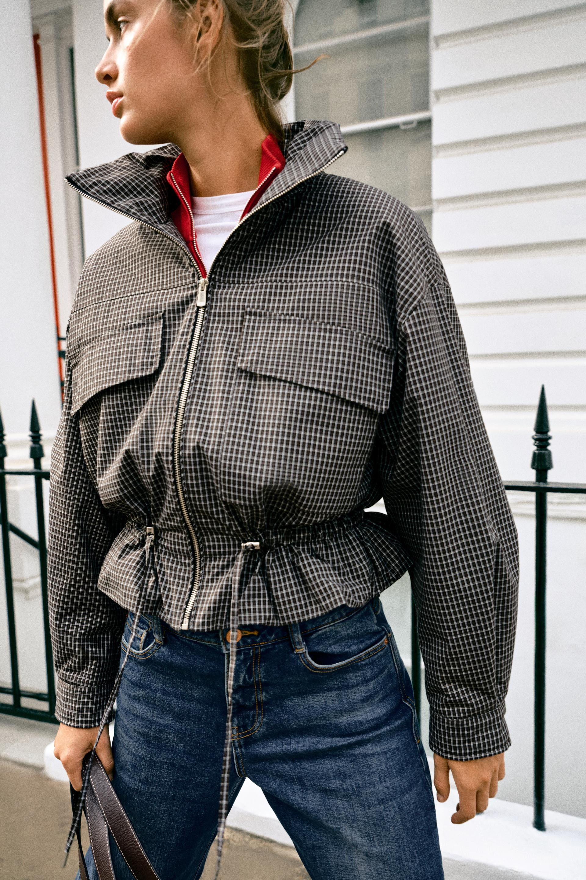 Zara - Quilted Check Stand-Up Collar Jacket - Black / White - S - Woman | Zara US