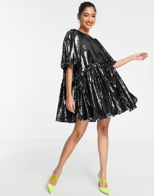 ASOS EDITION sequin mini smock dress in charcoal | ASOS | ASOS (Global)