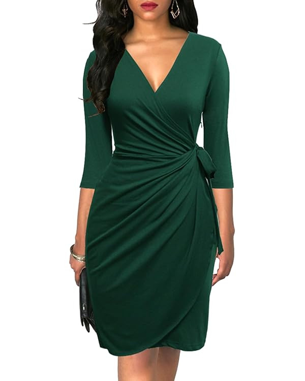 Berydress Women's Classic 3/4 Sleeve V Neck Sheath Casual Party Work Faux Black Wrap Dress | Amazon (US)