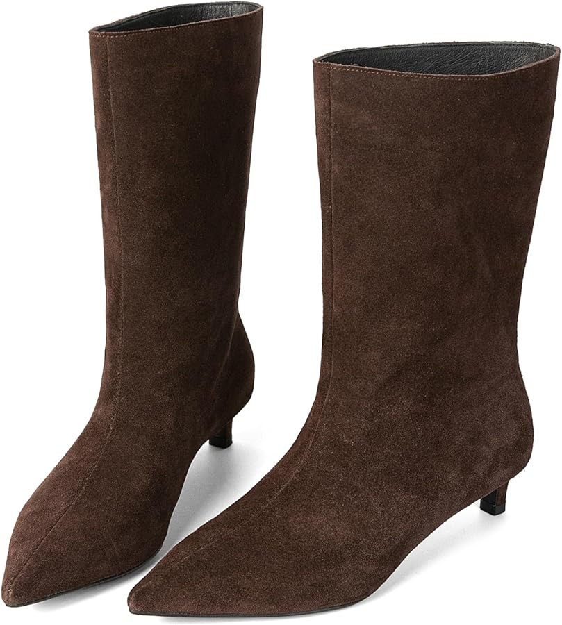 YIYA Women's Suede Kitten Low Heel Mid Calf Boots Pointed Toe Wide Calf Pull On Winter Fall Short... | Amazon (US)