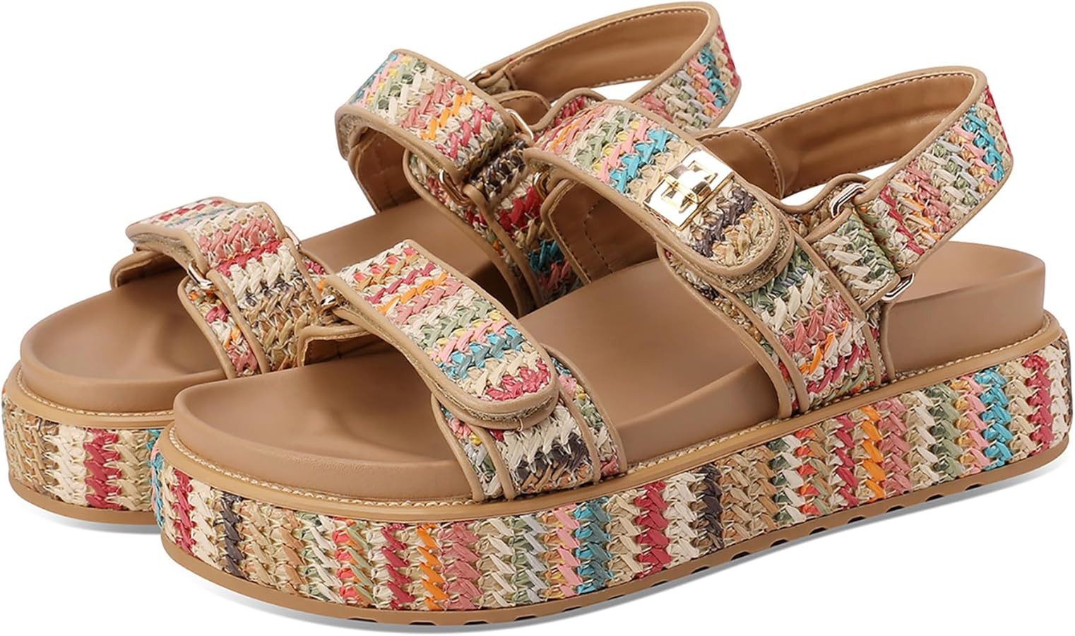 Platform Sandals Women Slingback Double Straps Open Toe Slides Woven Beach Flat Dressy Shoes | Amazon (US)