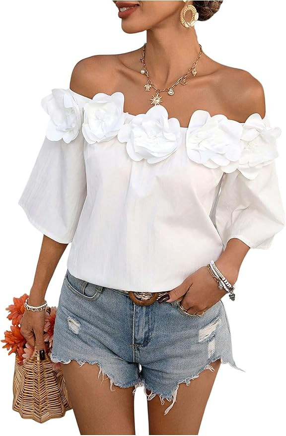 SHENHE Women's Off Shoulder 3D Flower Rosette Half Sleeve Blouse Summer Going Out Top | Amazon (US)