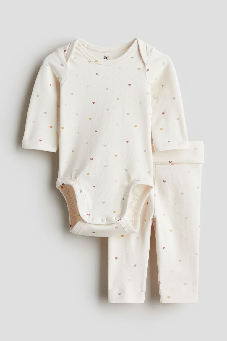 2-piece Cotton Jersey Set - Regular waist - Envelope Neck - White/hearts - Kids | H&M US | H&M (US + CA)
