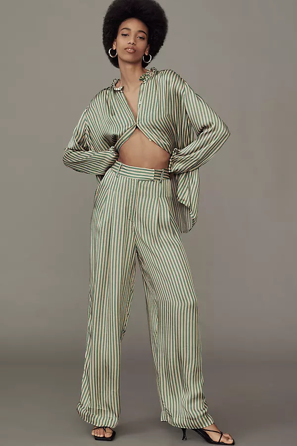 Mille Cara High-Rise Striped Satin Wide-Leg Trouser Pants | Anthropologie (US)