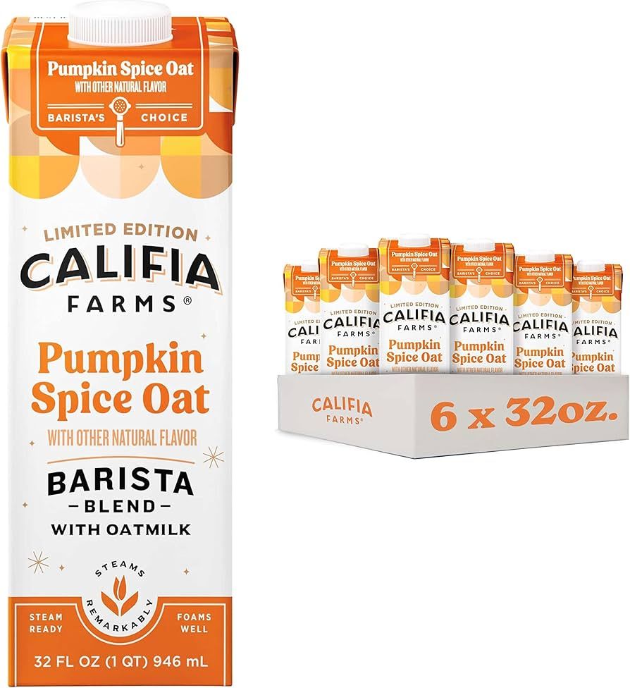 Califia Farms - Pumpkin Spice Oat Barista Blend Oat Milk, 32 Oz (Pack of 6), Shelf Stable, Dairy ... | Amazon (US)