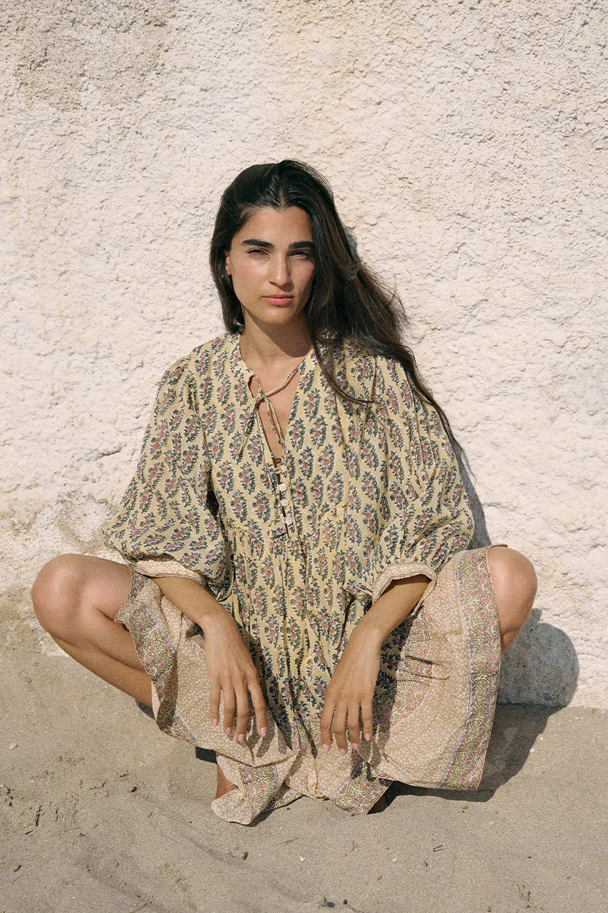 Bhoomi Mini Dress ~ Meadow | Artisan Block Print Boho Mini Dress | Daughters of India