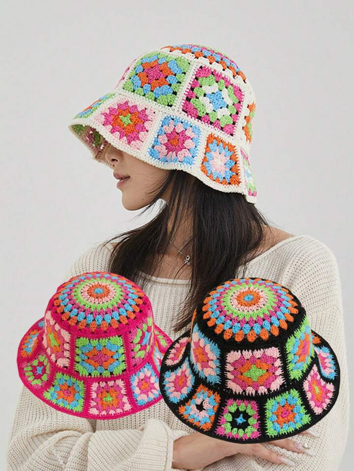 Bucket Hats Hats For Woman Crochet Hat Travel Fashionable Retro Grandmother Plaid Hat | SHEIN