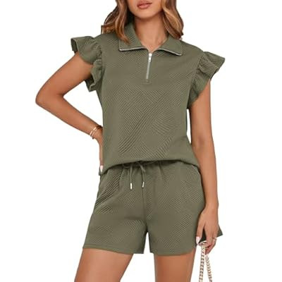 BTFBM Womens 2 Piece Outfits Spring Sweatsuit Zipper V Neck Casual Ruffle… | Amazon (US)