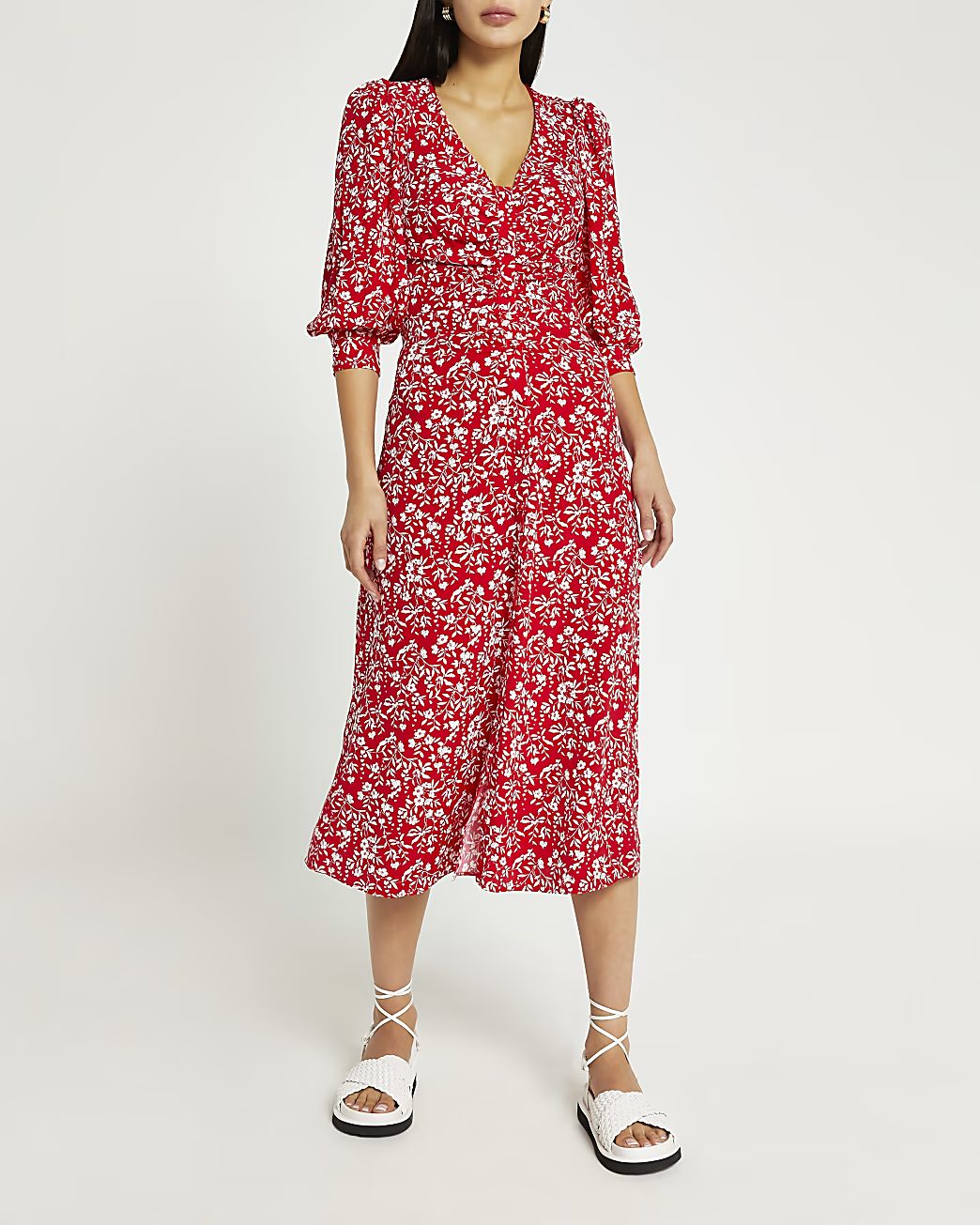 River Island Womens Red floral midi dress | River Island (US)