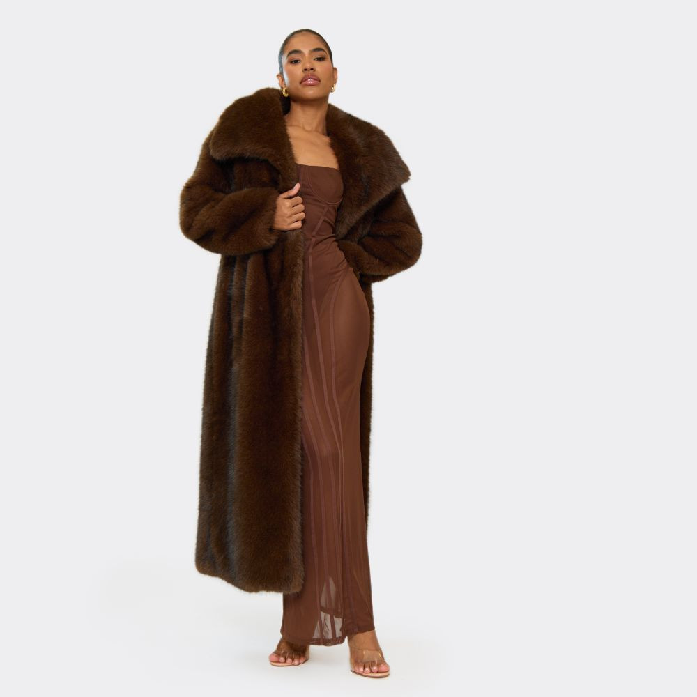 Oversized Collar Detail Maxi Coat In Chocolate Brown Faux Fur | EGO (UK)