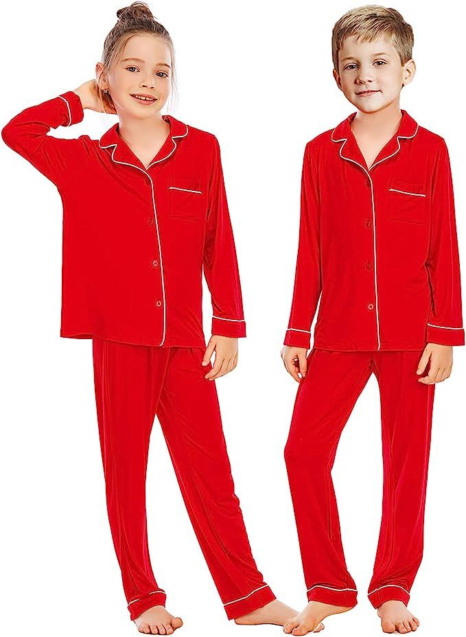 Veseacky Unisex Girls Boys Pajamas Long Sleeve Sleepwear Button-Down 2 Pcs Pjs Set for 5-14 Years | Amazon (US)