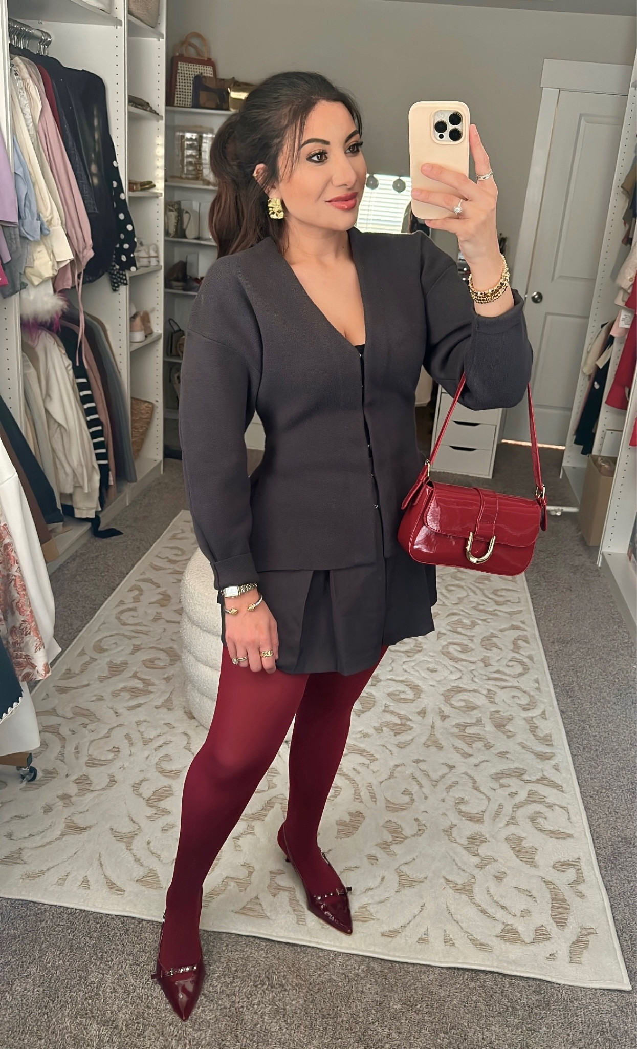 Zara 5536/160 gray knitted tailored, structured puff sleeve cardigan, pleated mini skirt, burgundy dark red colored tights,  burgundy patent shoulder bag, buckle detail patent burgundy dark red kitten heel  Zara dupe pumps. 

A European inspired outfit ❤️

#LTKstyletip #LTKfindsunder100 #LTKsalealert