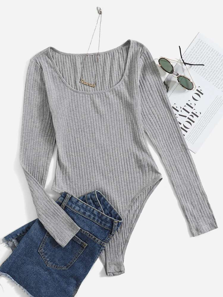 SHEIN EZwear Solid Ribbed Knit Bodysuit | SHEIN