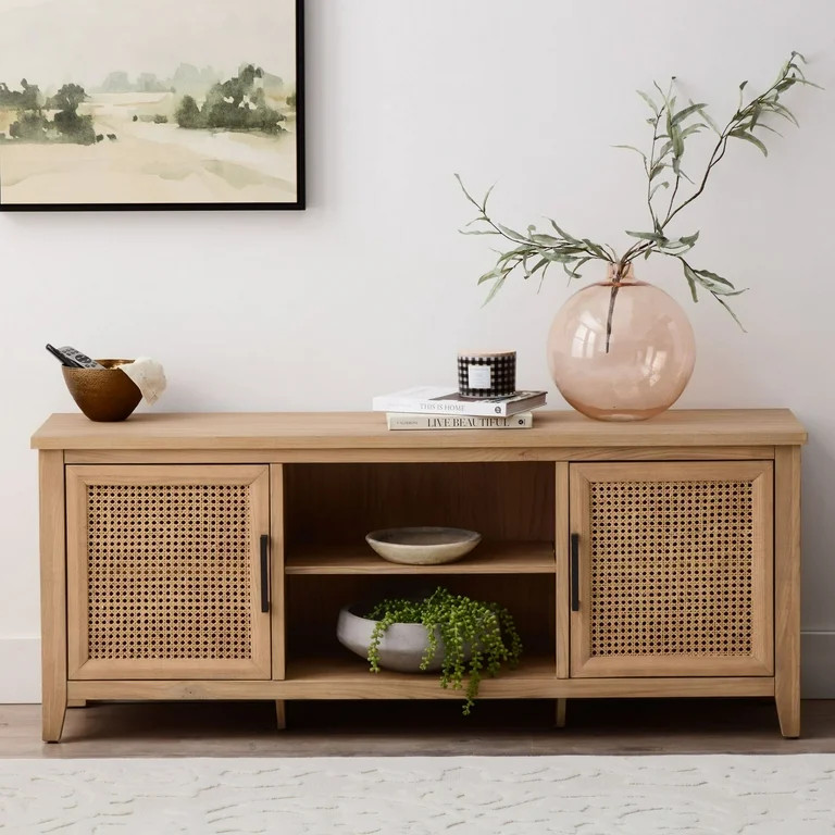 My Texas House Emma Wood and Cane TV Stand for TVs up to 65 inches, Light Oak, 5 minute Assembly | Walmart (US)