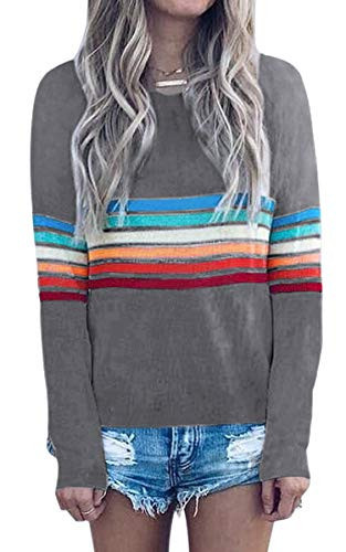 ECOWISH Women's Sweater Rainbow Colorful Striped Sweaters Long Sleeve Crew Neck Color Block Casual Pullover Blouse Tops Gray Large | Amazon (US)