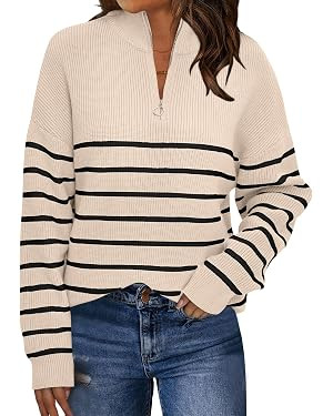 LILLUSORY Womens Quarter Zip Striped Oversized Fall Sweater | Amazon (US)