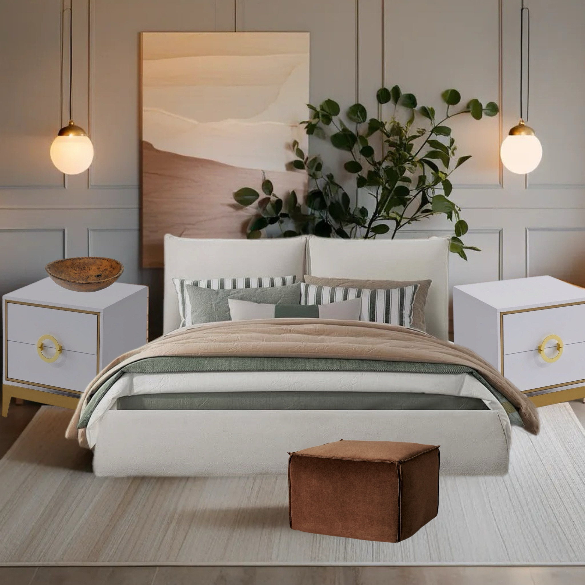 Bedroom Decor

Modern bedroom, upholstered bed, bedside tables, hanging pendant lights, indoor plants, minimalist decor, neutral color palette, cozy ambiance, striped pillows, abstract wall art.



#LTKHome