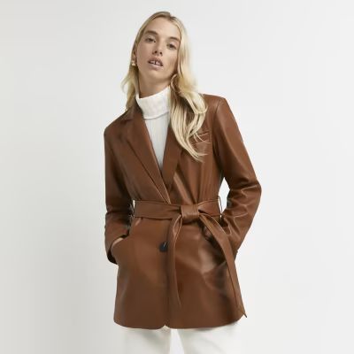 Brown faux leather belted blazer | River Island (UK & IE)