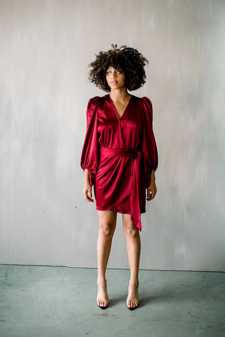 Gal Satin Wrap Mini Dress - Red Satin Long Sleeve Holiday Party Dress #LTKHoliday #LTKparties | Confête