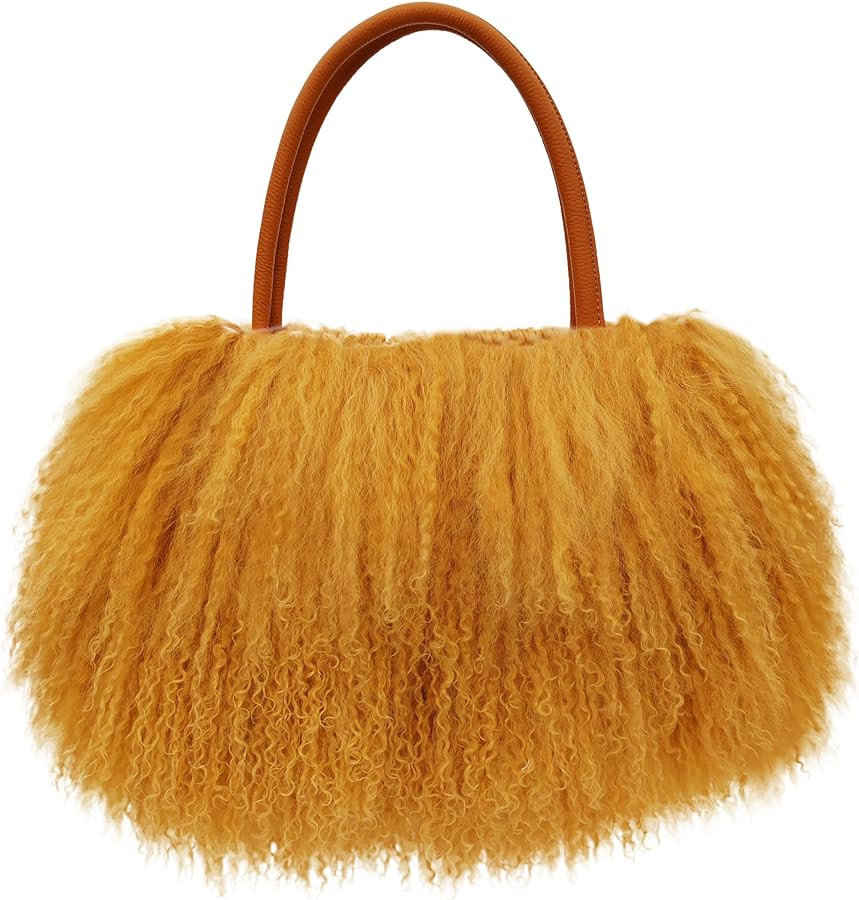 Women Luxury Real Lamb/Mongolian Flush Wool Fur With Genuine Leather Handles Handbag | Amazon (US)