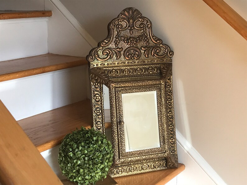 Antique Brass Cushion Mirror Cabinet Ornate Brass Repousse Wall Mirror Antique Brass Mirrored Wal... | Etsy (US)