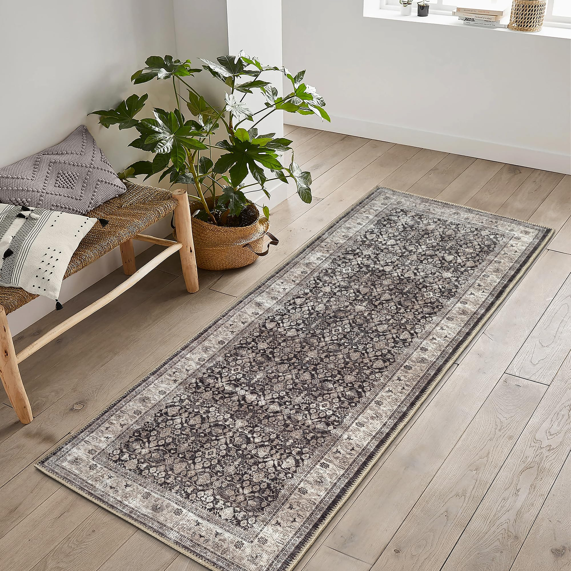 Bloom Rugs Washable Non-Slip 10 ft Runner - Charcoal/Beige Traditional Bordered Runner for Entryway, Hallway, Bathroom, and Kitchen - Exact Size: 2.5' x 10' | Amazon (US)