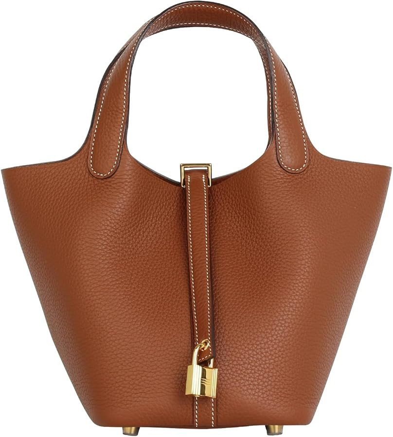 Genuine Leather Bucket Bag for Women Handheld tote bag with metal clasp, bohemian-style market to... | Amazon (US)