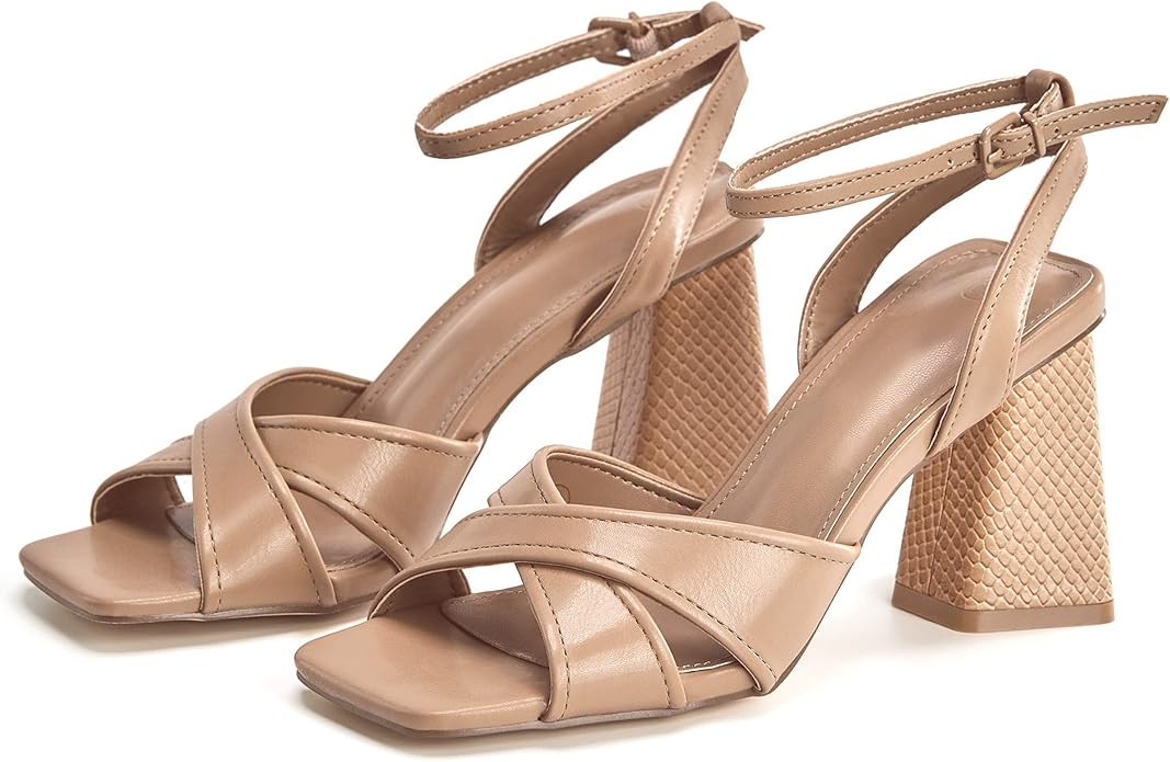 Womens Square Open Toe Heels Sandals Cross Ankle Strap Buckle Chunky Block Heel Snakeskin Dressy ... | Amazon (US)