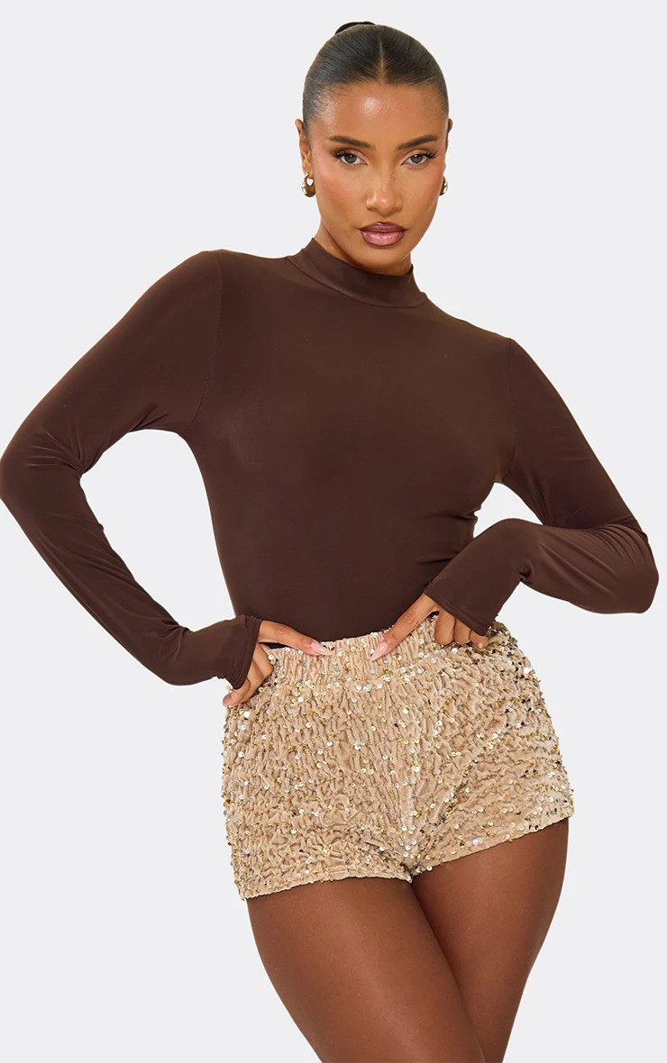 Elastic Waist Micro Shorts In Gold Velvet Sequin | EGO (UK)