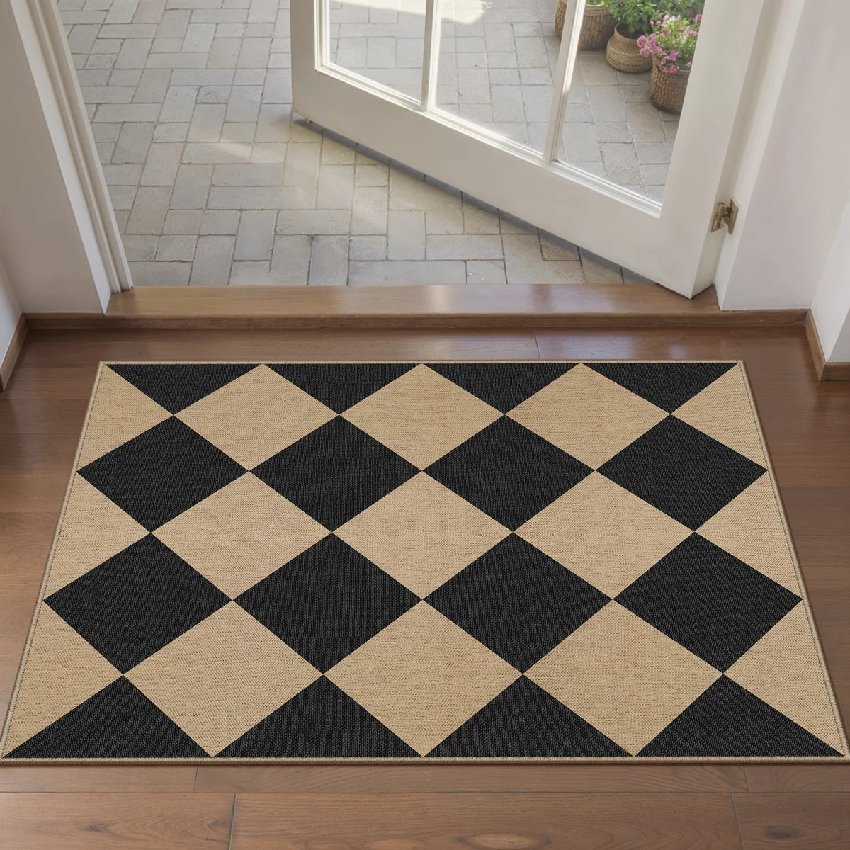 Amelia Washable Diamond Check Faux Linen Indoor/Outdoor Area Rug with Non-Slip Backing, Black/Bro... | Wayfair North America
