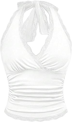 WDIRARA Women's Lace Trim Ruched Halter Crop Tops V Neck Tie Back Sleeveless Slim Fit Going Out C... | Amazon (US)