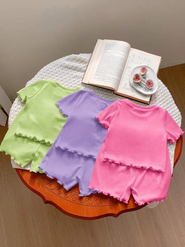 SHEIN LMoss 6pcs/Set Baby Girls Solid Color Knitted Short Sleeve Top And Elastic Waist Shorts Cas... | SHEIN