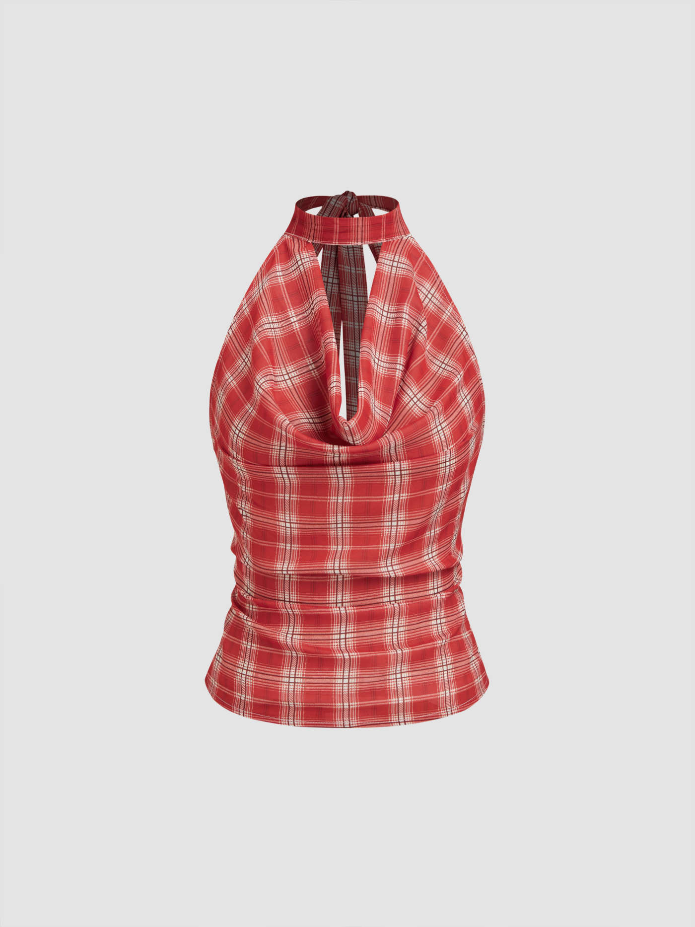 Chiffon Cowl Neck Tartan Knotted Ruched Top | Cider