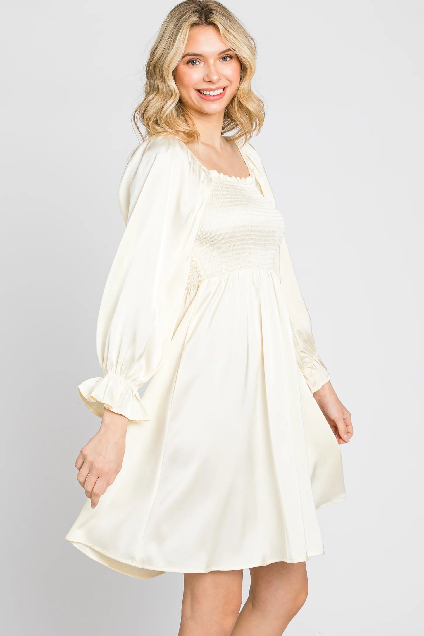 Ivory Satin Smocked Square Neck Dress | PinkBlush Maternity