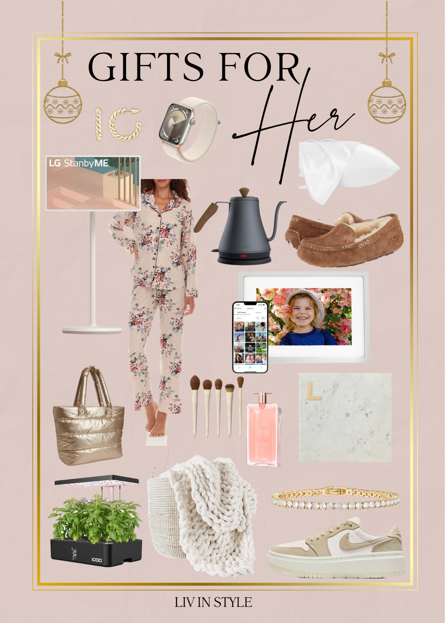 Gift guide for the ladies!!! Rollable touch screen smart tv/tablet combo, gold braided hoop earrings, Apple iWatch, satin pillowcase, pajamas, electric tea kettle, Uggs slippers, digital picture frame, puffer tote, makeup brushes, Lancôme Idole perfume, personalized marble serving platter, indoor garden, super soft chunky throw blanket, high quality cubic zirconia tennis bracelet in multiple length options, and the perfect neutral lifestyle Air Jordan sneakers.

#LTKHoliday #LTKstyletip #LTKGiftGuide