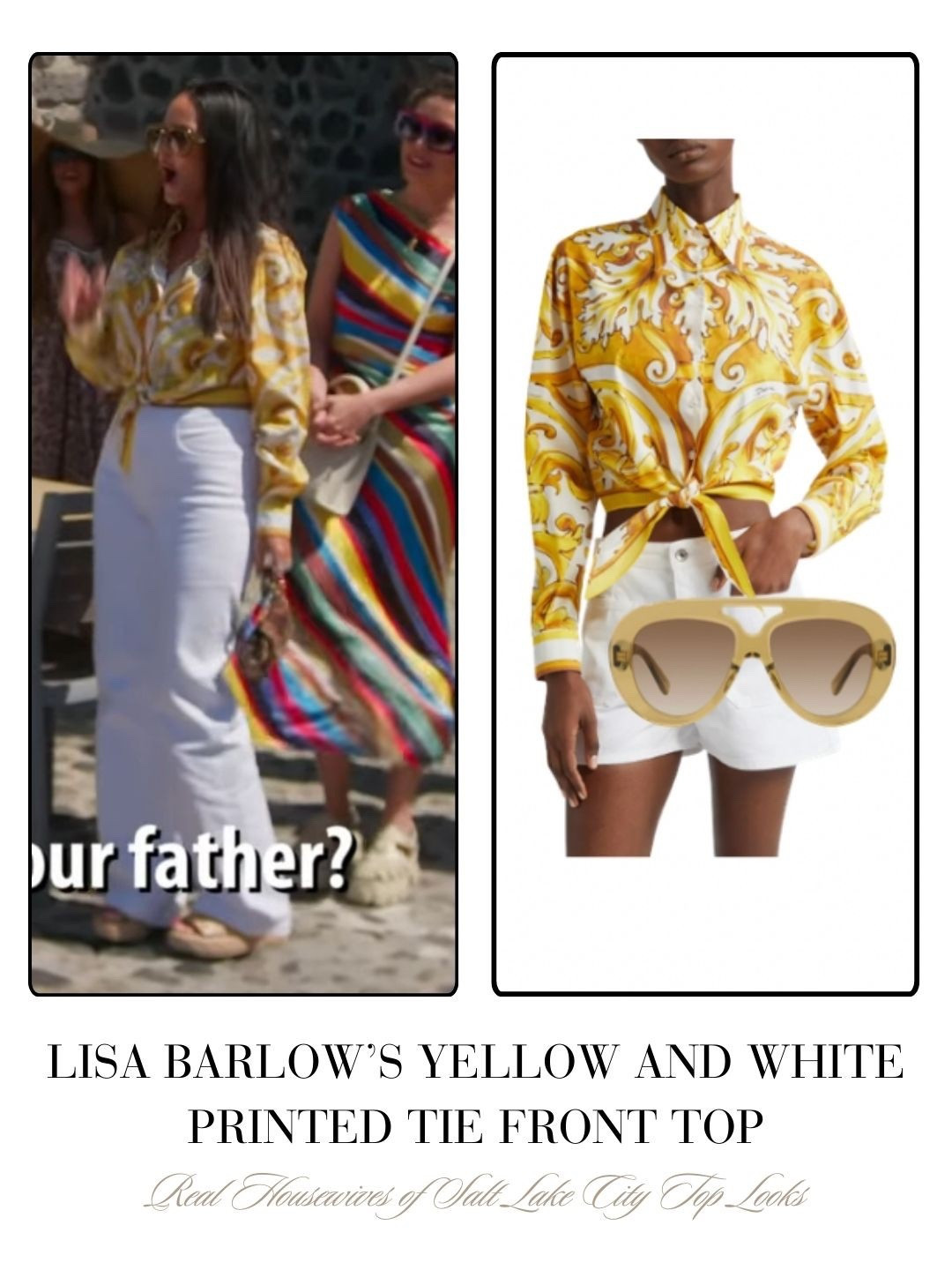 Lisa Barlow’s Yellow and White Printed Tie Front Top 