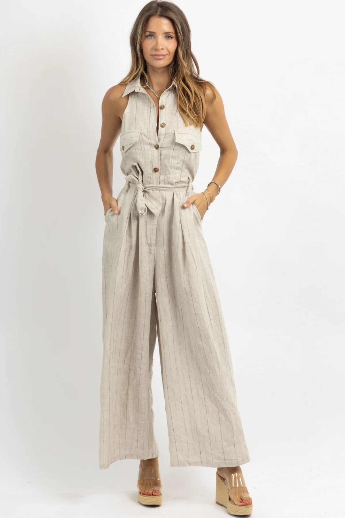 REVIVE LINEN PINSTRIPE JUMPSUIT M | L'ABEYE