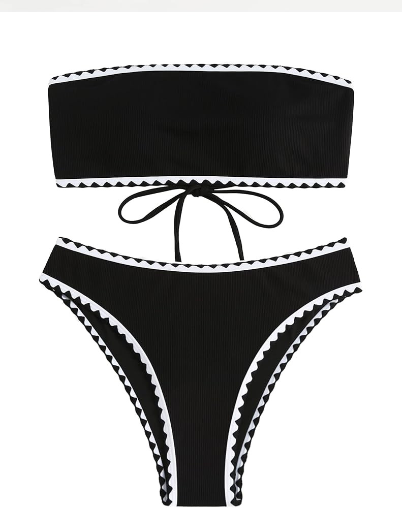 ZAFUL Women 2 Piece Bandeau Swimsuits Ribbed Lace up Strapless Bandeau Bikini Set High Cut Bathin... | Amazon (US)