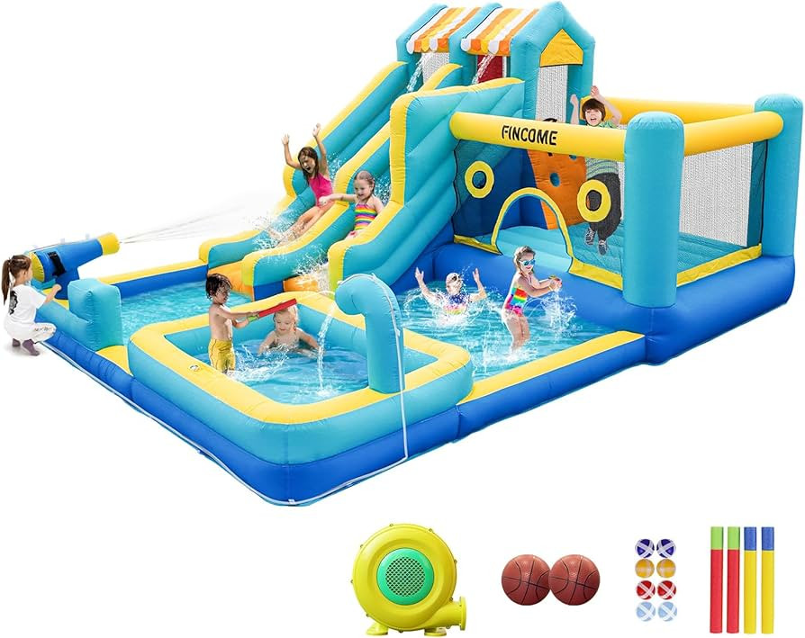 FINCOME Inflatable Bounce House, 10 in 1 Double Water Slide Bounce House with 750W Blower, Climbi... | Amazon (US)