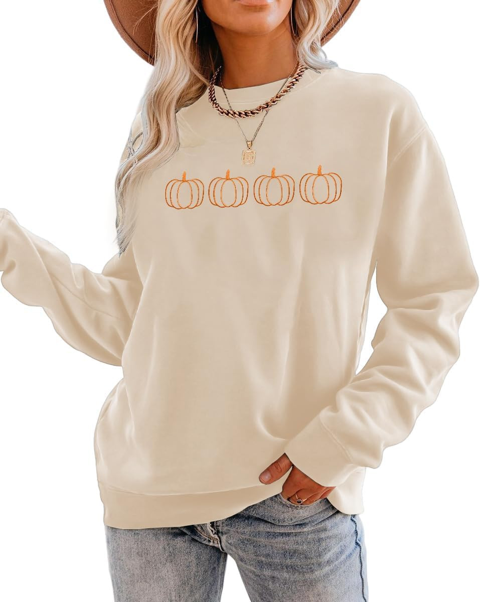 Fall Pumpkin Sweatshirts Women Halloween Embroidered Shirt Thanksgiving Pullover Tops Autumn Crewneck Shirts | Amazon (US)