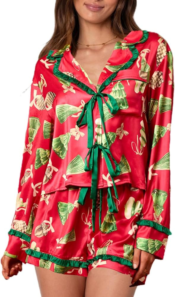 Silk Christmas Bow Pajamas for Women Cute Xmas Satin 2 Piece Santa Bow Tie Pjs Long Sleeve Shirt ... | Amazon (US)