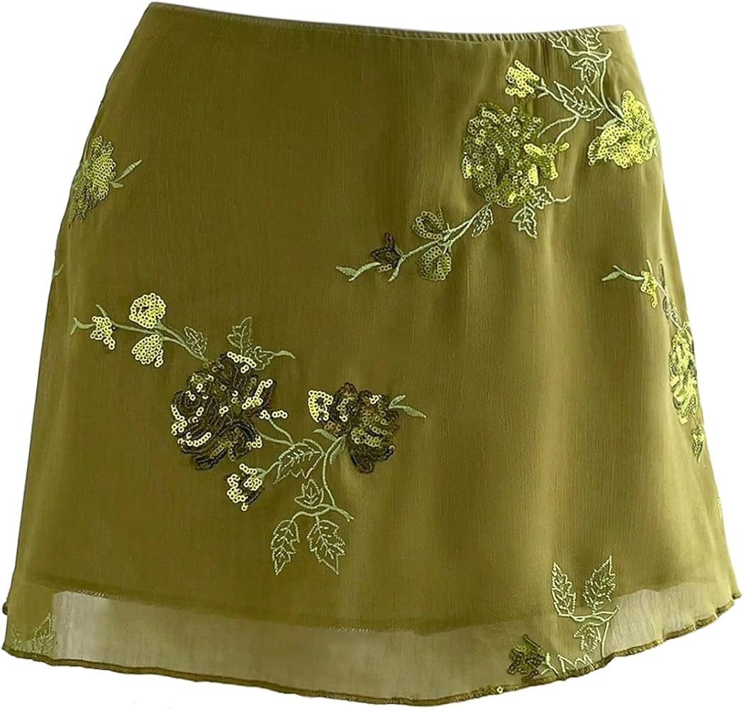 Floerns Women's Floral Embroidery Mini Skirt Low Waist Mesh Summer Skirts | Amazon (US)