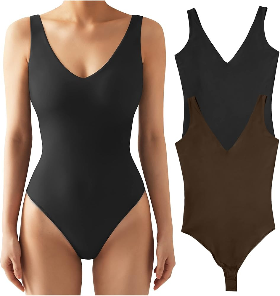 SUUKSESS Women 2 Piece Thong Bodysuit Sexy V Neck Backless Sleeveless Tank Tops | Amazon (US)