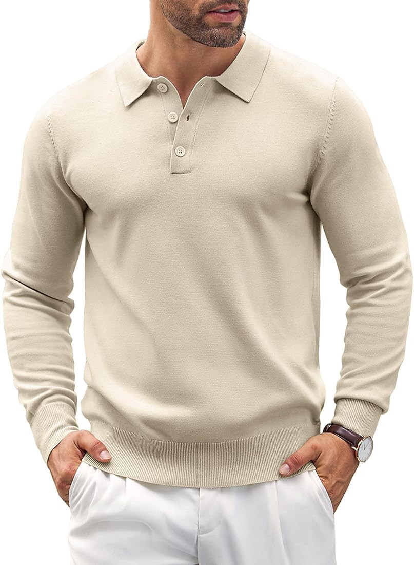 COOFANDY Mens Knit Polo Shirts Casual Long Sleeve Classic Polo Shirts Button Down Golf Shirts | Amazon (US)