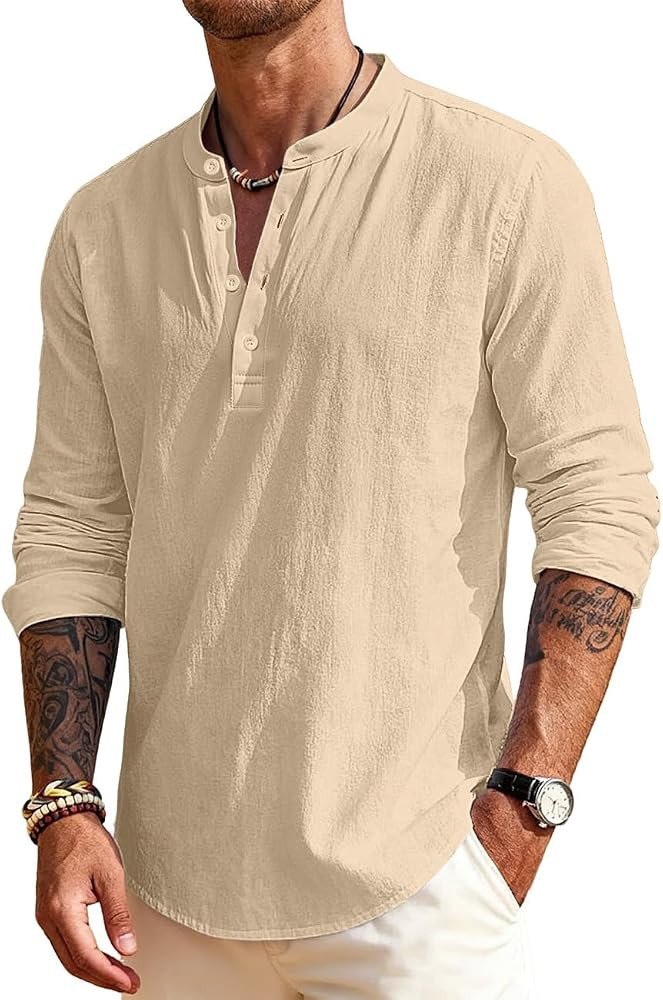 Men's Linen Shirts Henley T-Shirts Long Sleeve Casual Beach T-Shirts Solid Tops Shirts for Men | Amazon (US)