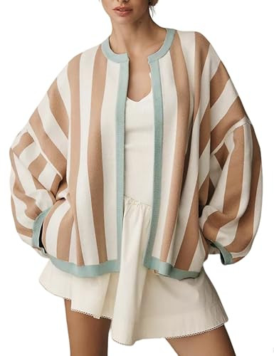 Women's Casual Loose Fit Striped Cardigan Long Balloon Sleeves Open Front Knit Sweater | Amazon (US)