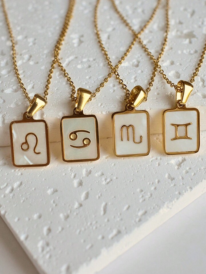 1pc Shell Zodiac Sign Necklace, Stainless Steel Square Pendant With White Shell, Perfect For Wome... | SHEIN