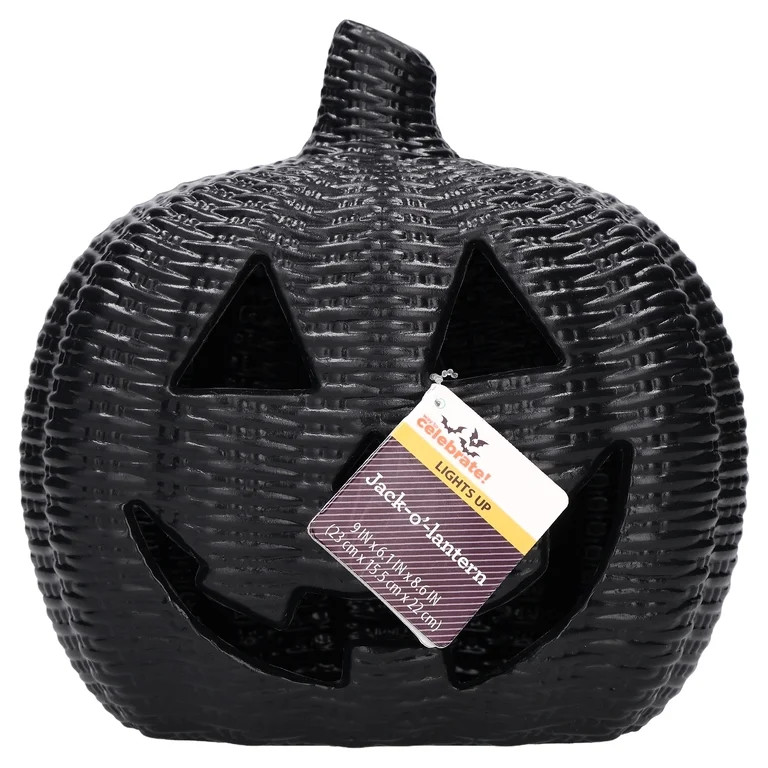 Light-Up Woven Jack-o'-Lantern Decoration, Black, 8.6", Halloween by Way To Celebrate | Walmart (US)