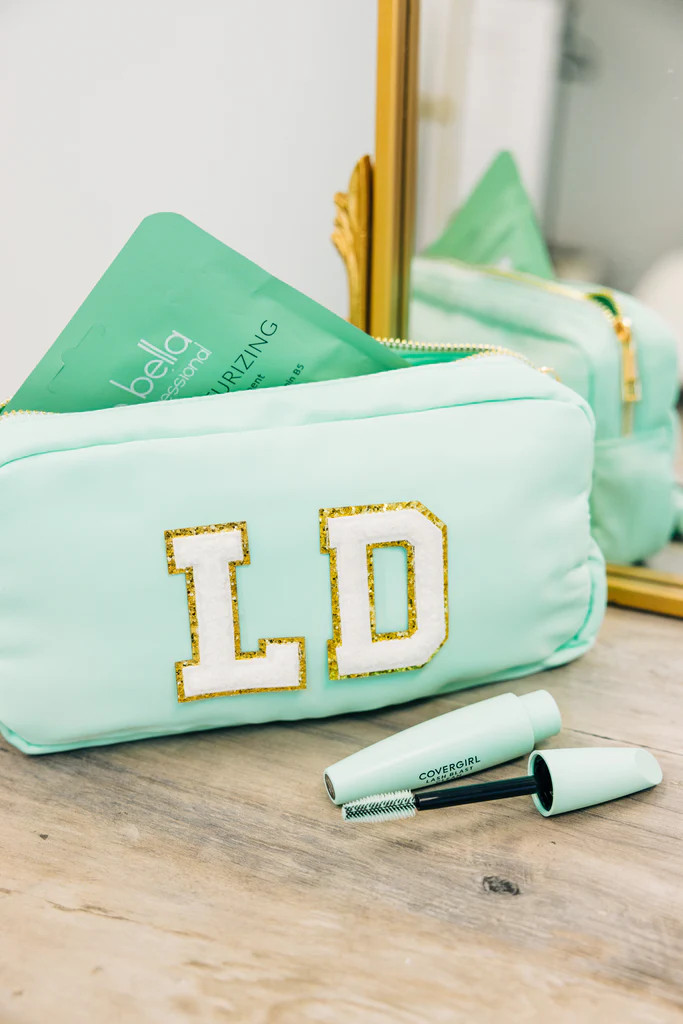 Pre-Order: Let's Get Going Mint Varsity Cosmetic Bag, Medium | The Mint Julep Boutique