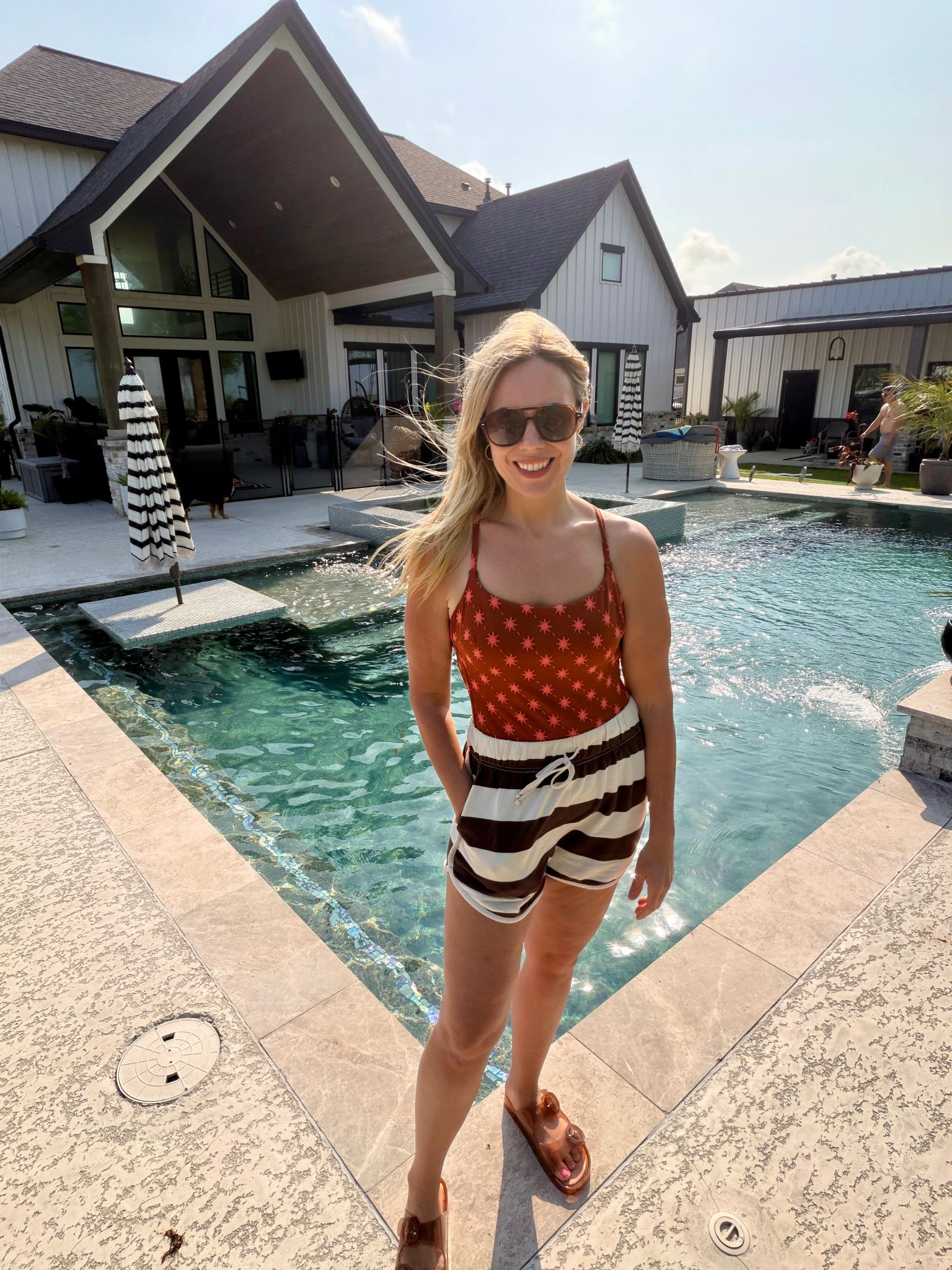 Loopy discount: WIFEONADIME 
sized up in the one piece swimsuit to a medium. Shorts run TTS and this is a small. 

#LTKootd #LTKSwim #LTKdayinmylife